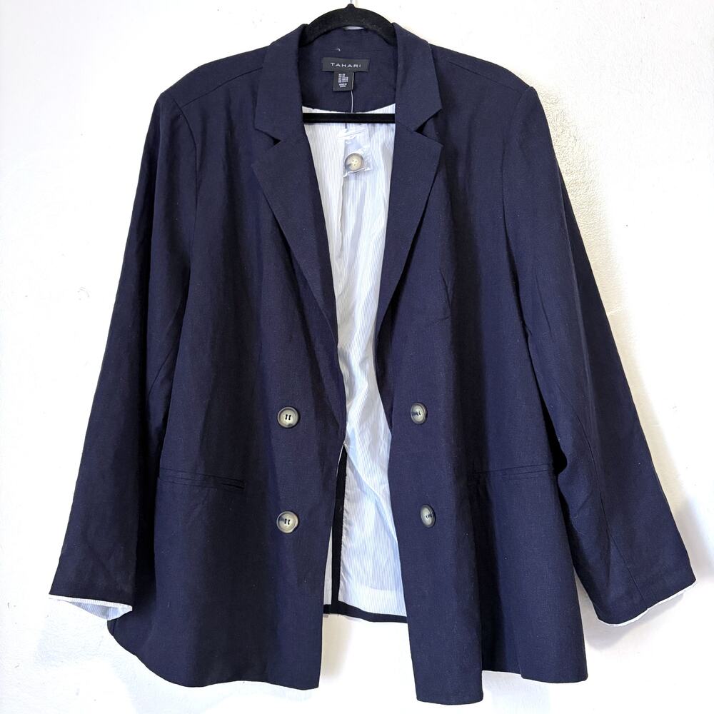 Tahari NWT Linen Blend Open Front Double-Breasted Blazer Navy Women Size 2X